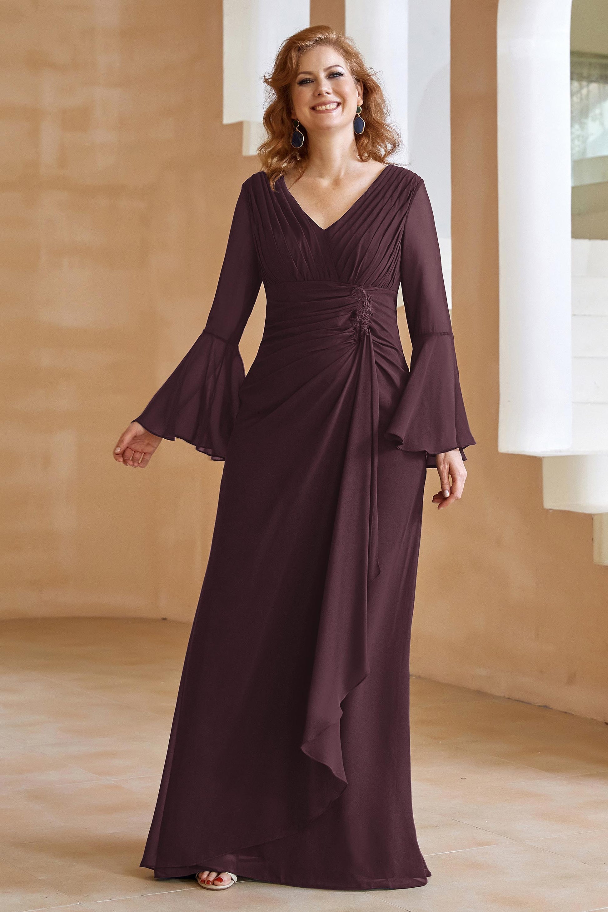 Robe Femme Manches Longues En Velours Moulante - Col En V, Fente, Couleur Assortie Pour Soirée/cocktail