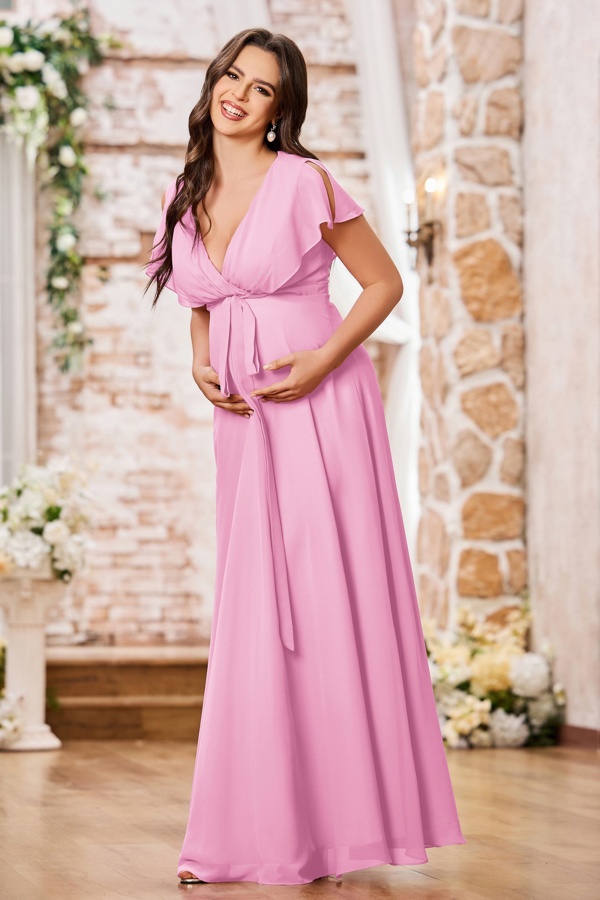 Robe de Maternité en Mousseline à Manches Flottantes avec Ceinture