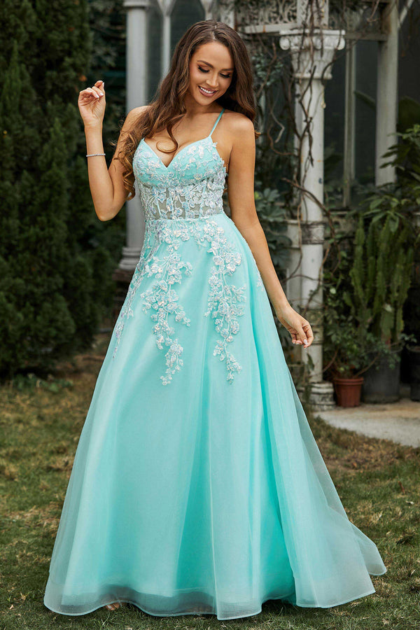 Robe De Soirée Femme En Tulle Brodée Fleurs - Robe Longue Col V, Bretelles Spaghetti, Personnalisable