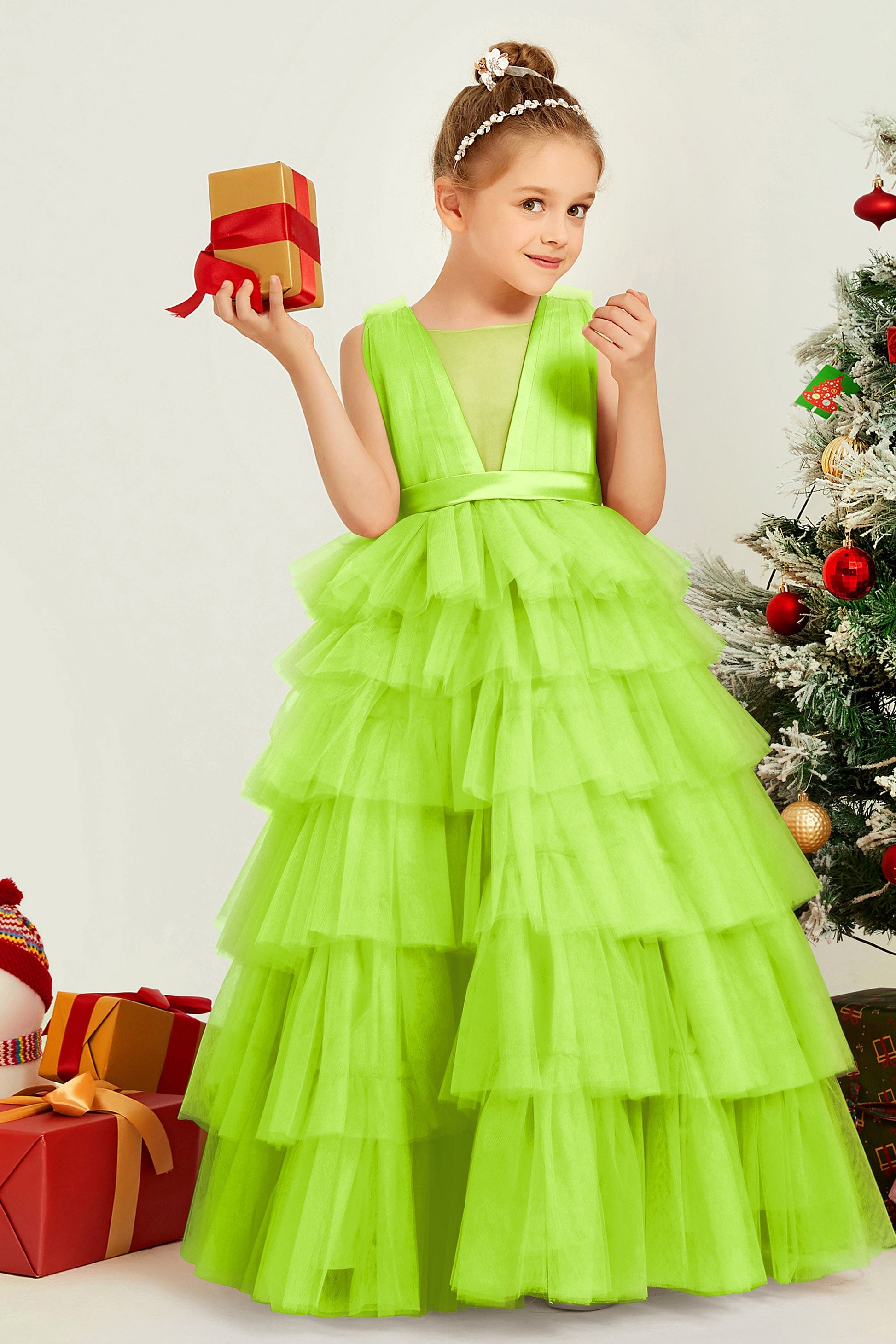 Maxi Robe de Fille Ball Gown à Col en V à Plusieurs Niveaux