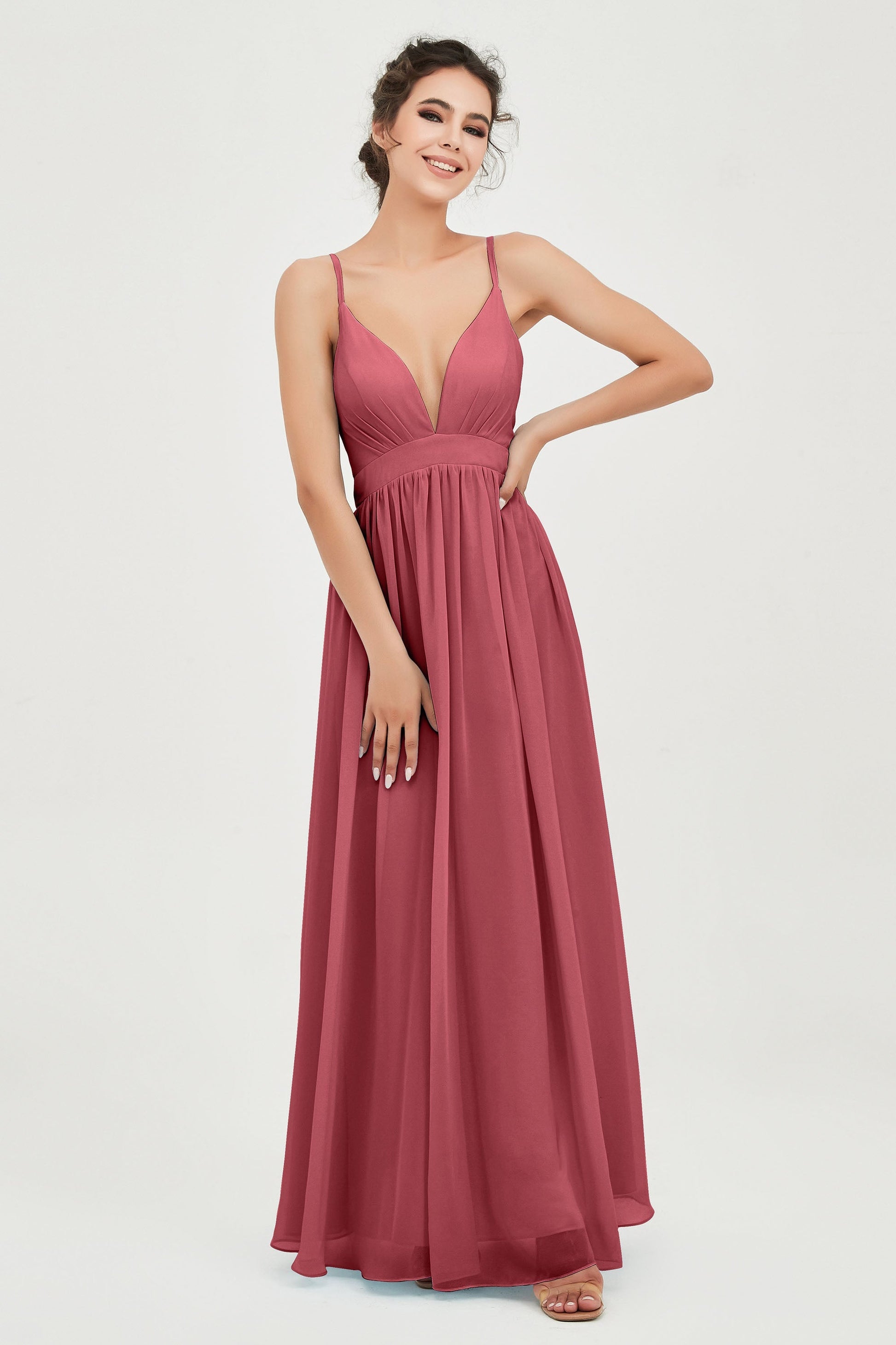 Robe Longue en Mousseline à Taille Empire à Col V Profond – DUNTERY FR